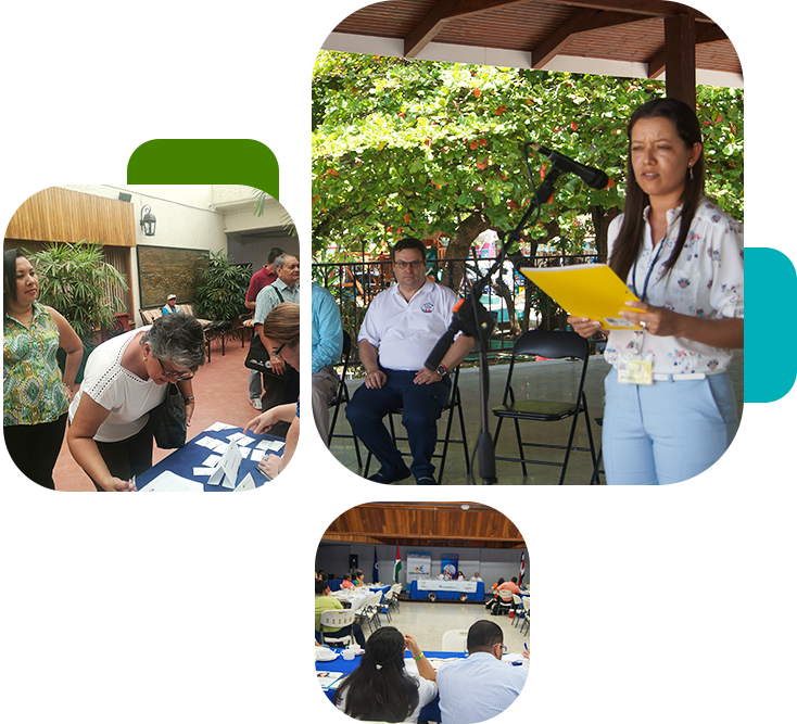 distintas personas realizando actividades como votaciones, presentaciones y demás