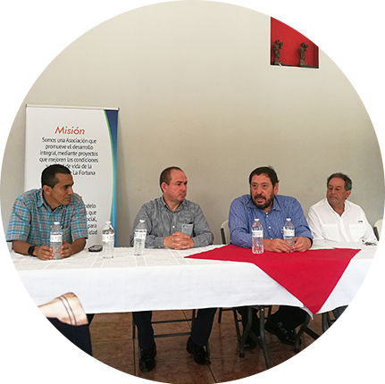 cuatro hombres sentados en una mesa conversando.